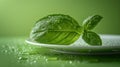 A green basil leaf with water droplets on a white plate. Royalty Free Stock Photo