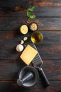 Green basil Pesto alla Genovese italian recipe ingredients on old table Parmesan cheese, basil leaves, pine nuts, olive oil, Royalty Free Stock Photo