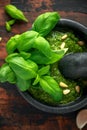 Green Basil Pesto in marble mortar with pine nuts and garlic Royalty Free Stock Photo