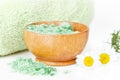 Green bath salts in a wooden bowl Royalty Free Stock Photo