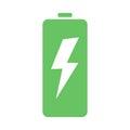 Green battery with lightning bolt charge symbol in flat style vector icon