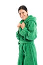 In green beach robe