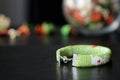 Green beaded bracelet with white cat and red hearts Royalty Free Stock Photo