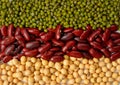 Green bean,soy beans and red bean background .Different types o Royalty Free Stock Photo