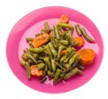 Green beans with garlicand carrots  on a plate isolated on white background.green beans with carrot top view. healthy  food Royalty Free Stock Photo