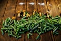 Green beans, mushrooms and salt on a farm, on a wooden background Royalty Free Stock Photo