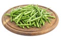 Green beans on a round cutting board isolated in white background. Healthy food. Black Eyed Peas. File contains clipping path.