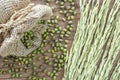 Green beans in sack together with ear of rice, on wooden texture background Royalty Free Stock Photo