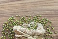 Green beans in sack, on wooden texture background with free space Royalty Free Stock Photo