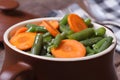 Green beans with sliced carrots in a pot for baking Royalty Free Stock Photo