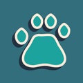 Green Bear paw footprint icon isolated on green background. Long shadow style. Vector Royalty Free Stock Photo