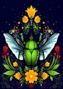 Green beatle with fly And flowers on blue backround Royalty Free Stock Photo