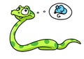 Green beautiful little snake thinking lunch mouse illustration