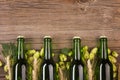 green beer bottles wooden background. High quality photo Royalty Free Stock Photo