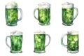 Green Beer Glasses Overflowing with Frothy Foam