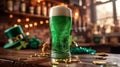 Green beer in Irish pub with St. Patrick's Day decor, green top hat, and gold coins. AI Generated Royalty Free Stock Photo