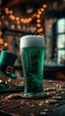 Green beer in Irish pub with St. Patrick's Day decor, green top hat, and gold coins. AI Generated Royalty Free Stock Photo