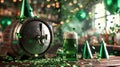 A green beer keg with a tap, surrounded by green confetti and party in pub, happy st. patricks day Royalty Free Stock Photo