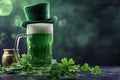 Green beer pint and leprechaun hat over dark green background, decorated with shamrock leaves Royalty Free Stock Photo