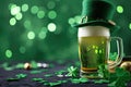 Green beer pint and leprechaun hat over dark green background, decorated with shamrock leaves Royalty Free Stock Photo