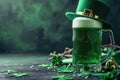 Green beer pint and leprechaun hat over dark green background, decorated with shamrock leaves Royalty Free Stock Photo