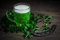 St. Patrick`s Day. Green Beer pint with rusty horseshoe on wooden table, decorated with shamrock leaves.