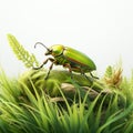 Fantasy Illustration: Green Beetle On Grass - Photorealistic And Colorful Insect Scene