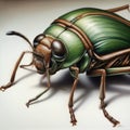 Green beetle with a shiny shell and thin antennae