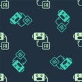 Green and beige Artificial intelligence robot icon isolated seamless pattern on blue background. Machine learning, cloud Royalty Free Stock Photo