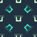 Green and beige ATM - Automated teller machine and money icon isolated seamless pattern on blue background. Vector Royalty Free Stock Photo