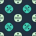 Green and beige Bingo icon isolated seamless pattern on blue background. Lottery tickets for american bingo game. Vector