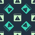 Green and beige Browser with exclamation mark icon isolated seamless pattern on blue background. Alert message Royalty Free Stock Photo