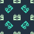 Green and beige Burning dollar bill icon isolated seamless pattern on blue background. Dollar bill on fire. Burning of Royalty Free Stock Photo