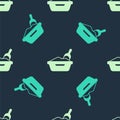 Green and beige Cat litter tray with shovel icon isolated seamless pattern on blue background. Sandbox cat with shovel