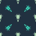 Green and beige Construction jackhammer icon isolated seamless pattern on blue background. Vector