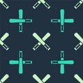 Green and beige Crossed baseball bat icon isolated seamless pattern on blue background. Vector