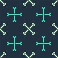 Green and beige Crossed human bones icon isolated seamless pattern on blue background. Vector