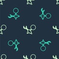 Green and beige Debugging icon isolated seamless pattern on blue background. Debugging tool. Magnifying glass on bug Royalty Free Stock Photo