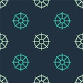 Green and beige Dharma wheel icon isolated seamless pattern on blue background. Buddhism religion sign. Dharmachakra Royalty Free Stock Photo