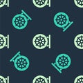 Green and beige Dharma wheel icon isolated seamless pattern on blue background. Buddhism religion sign. Dharmachakra Royalty Free Stock Photo