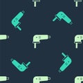 Green and beige Electric jigsaw with steel sharp blade icon isolated seamless pattern on blue background. Power tool for Royalty Free Stock Photo