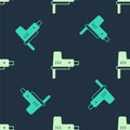 Green and beige Electric jigsaw with steel sharp blade icon isolated seamless pattern on blue background. Power tool for Royalty Free Stock Photo