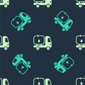 Green and beige Fuel tanker truck icon isolated seamless pattern on blue background. Gasoline tanker. Vector