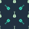 Green and beige Guitar icon isolated seamless pattern on blue background. Acoustic guitar. String musical instrument