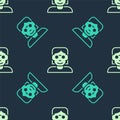 Green and beige Hacker or coder icon isolated seamless pattern on blue background. Programmer developer working on code Royalty Free Stock Photo