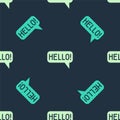 Green and beige Hello in different languages icon isolated seamless pattern on blue background. Speech bubbles. Vector Royalty Free Stock Photo