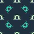 Green and beige Hindu spiritual temple icon isolated seamless pattern on blue background. Vector Royalty Free Stock Photo