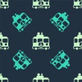 Green and beige Hippie camper van icon isolated seamless pattern on blue background. Travel by vintage bus. Tourism