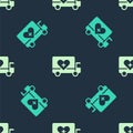Green and beige Humanitarian truck icon isolated seamless pattern on blue background. Vector