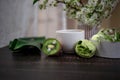 Green and beige macaroons tied with a tourniquet